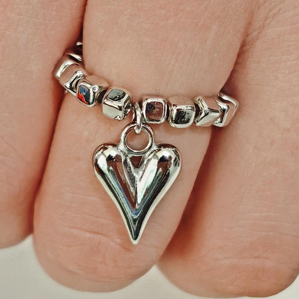 Cross-Border Jewelry Square Beaded Elastic Ring with Glossy Heart Accent