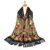 Flower Print Black Tassel Scarf Vintage Windproof Shawl Women Outdoor Windproof Head Wrap Boho Hijab Turban 170*65Cm