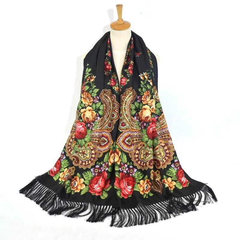 Flower Print Black Tassel Scarf Vintage Windproof Shawl Women Outdoor Windproof Head Wrap Boho Hijab Turban 170*65Cm