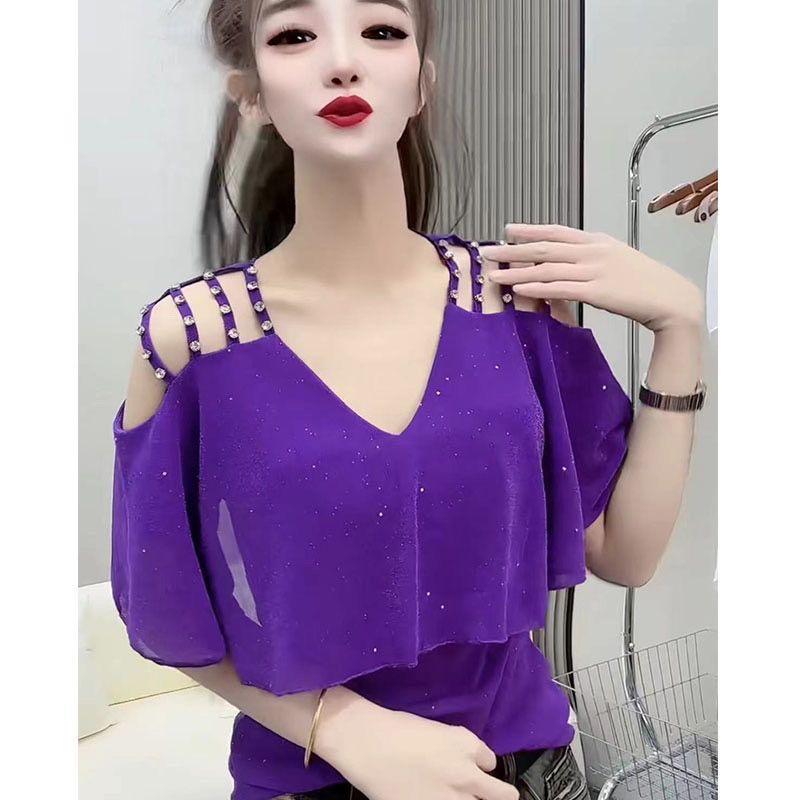 2025 Summer Slimming Stylish V-Neck Ruffle Off-the-Shoulder Beaded Mesh Short-Sleeve Women s Top Medium фиолетовый