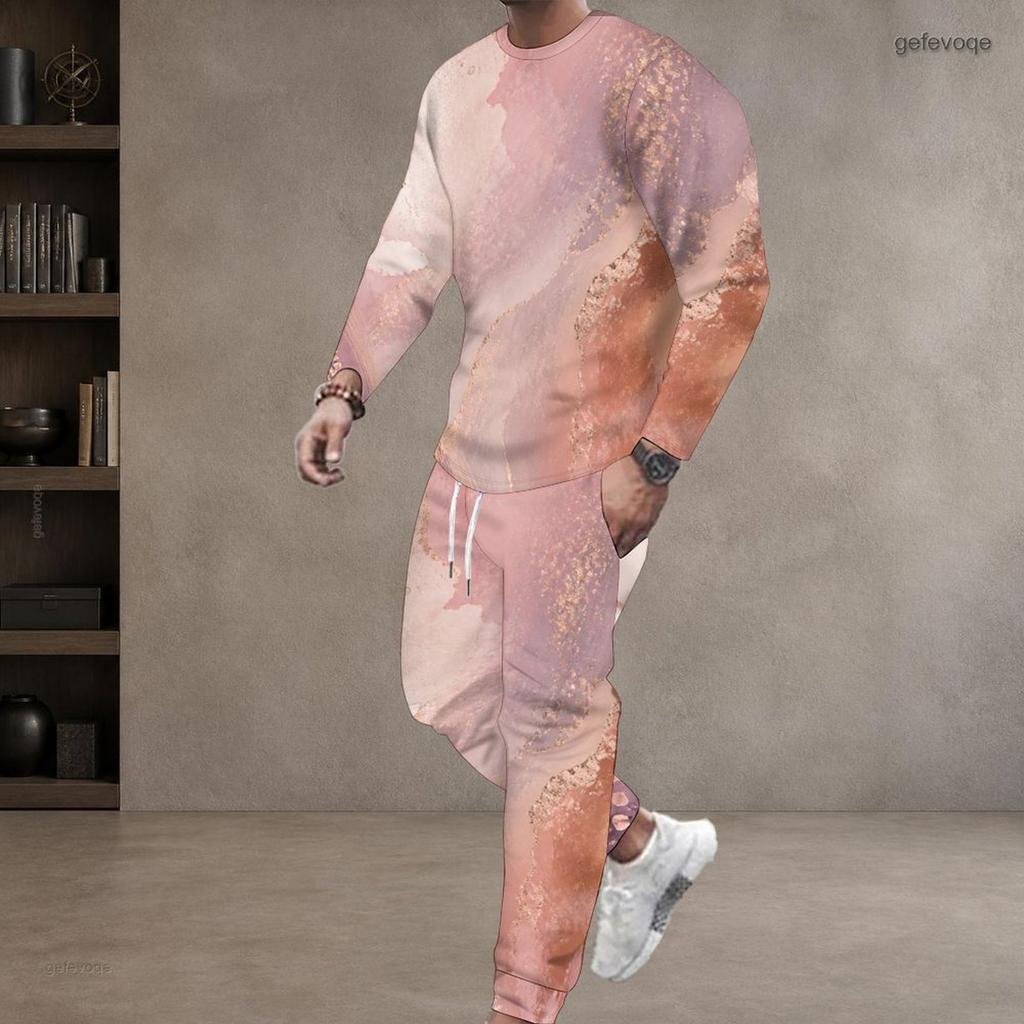 Men Plus Size Pink Printed Round Neck Long Sleeve Top Cuffed Pants Two Piece Set