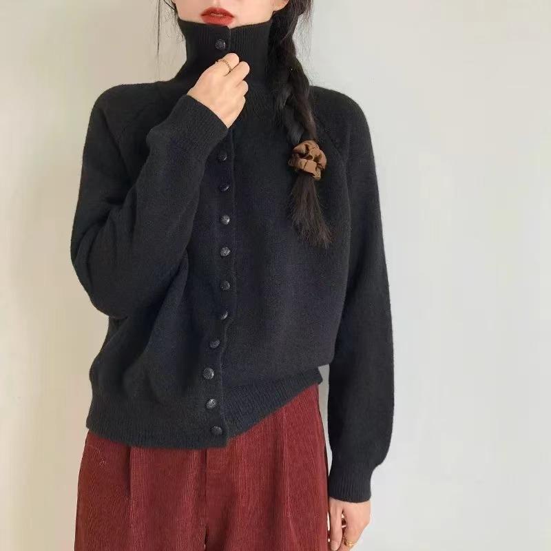 

Женский вязаный кардиган с высоким воротником, новый осенне-зимний, в стиле ретро, ленивый, высококлассный, свободный свитер-жакет One Size чёрный