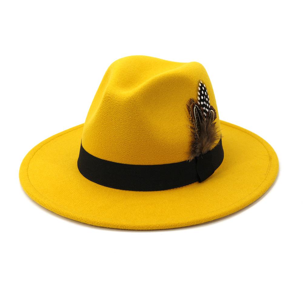 Yiran Dayang Hat Women's Yellow Feather Fedoras Men Fedora Hat Men Panama Top Cap Unisex Hat Military Color Fedoras Large Brim Hat Church Hat Party Hat 58Cm