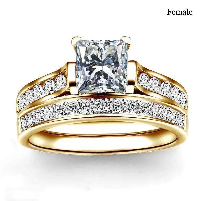 Modische Partnerringe Luxus Goldfarbe Damen Strass Zirkon Ringe Set Schlichter Herren Edelstahlring Hochzeitsschmuck Geschenke