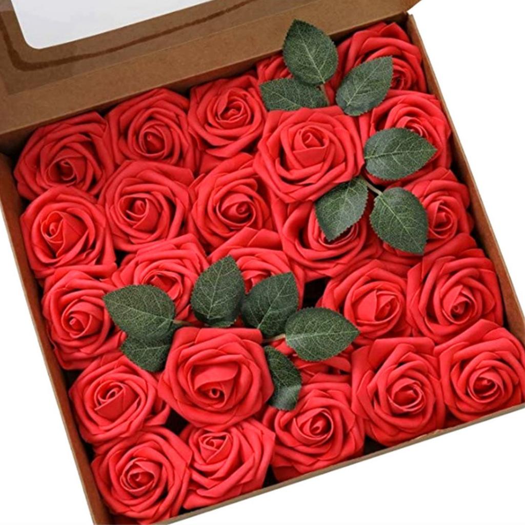 Artificial Rose Flower White PE Foam Fake Simulation Rose with Leaf and Stem