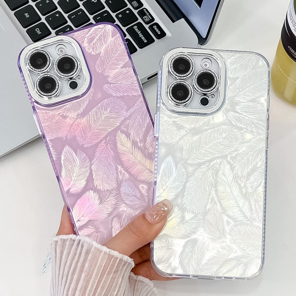 Laser Camlet Feather Phone Case For iphone 16 Plus 15 14 13 Pro Max Hard PC Glitter Camera Protection Shockproof Back Cove