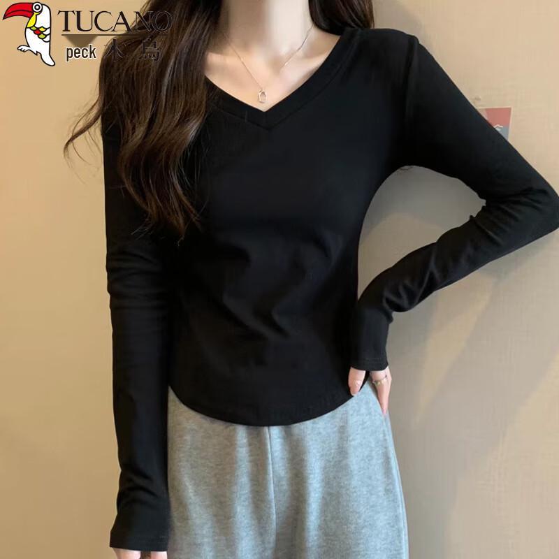 Woodpecker Women's V-Neck Slim-Fit Long-Sleeve Cotton T-Shirt with Fan Hem