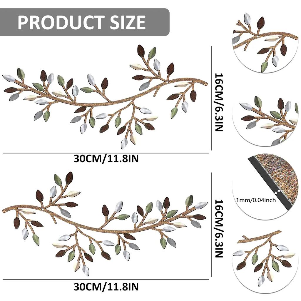 2Pcs Metal Tree Leaf Wall Décor Vine Olive Branch Leaf Wall Art Artistic Wall Hanging Decorative Wall Sculpture Home Decoration