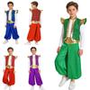 Set 2 Piese Vestă Basm Arabesc Băieți Paiete Metalic Guler Înalt Umeri Pad Pantaloni Largi Talie Înaltă