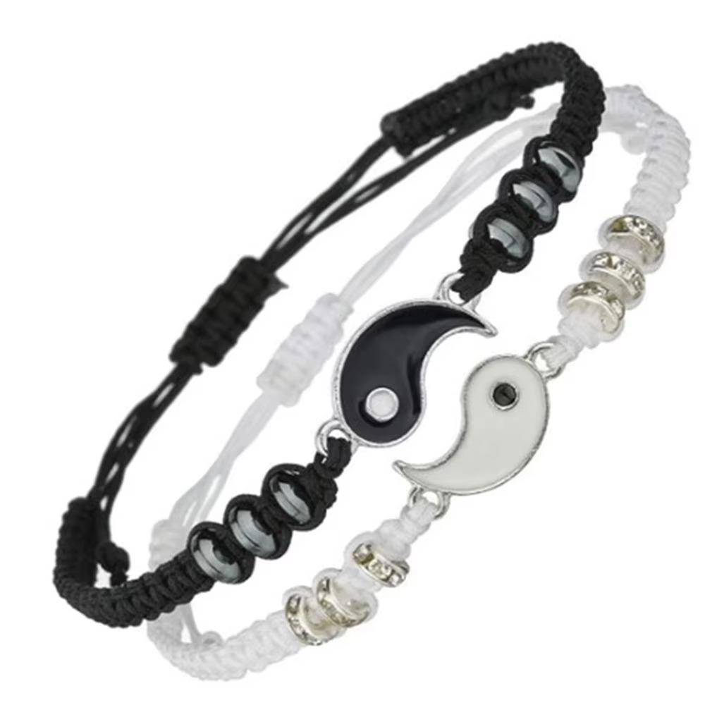 2 PCS Handmade Couple Black White Tai Chi Bracelet Rope Adjustable Chain Set Simple Style Daily Wear Jewelry Accessories Gifts