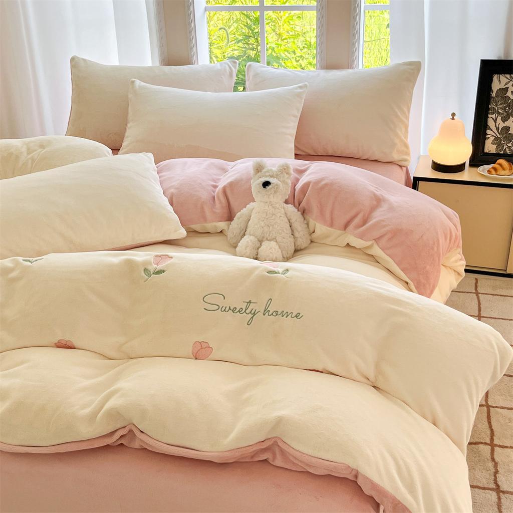 Thickened Milk Fleece Four-Piece Set, Embroidered Coral Fleece Quilt Cover, Thermal Bedding, Fleece Bed Sheet Three-Piece Set