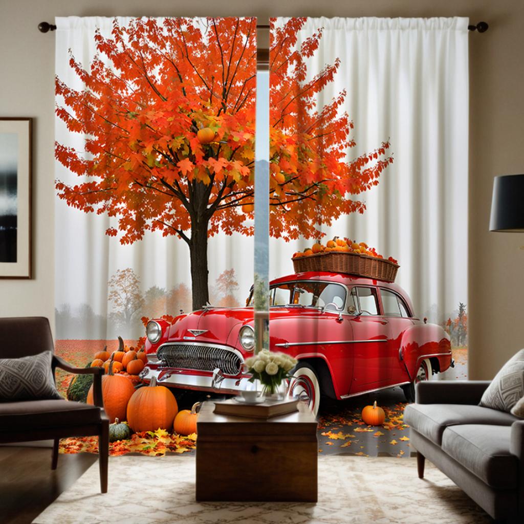 2pcs set HD Halloween Maple Leaf tree under the nostalgic classic car pumpkin decorative curtain Black tie digital printed cu