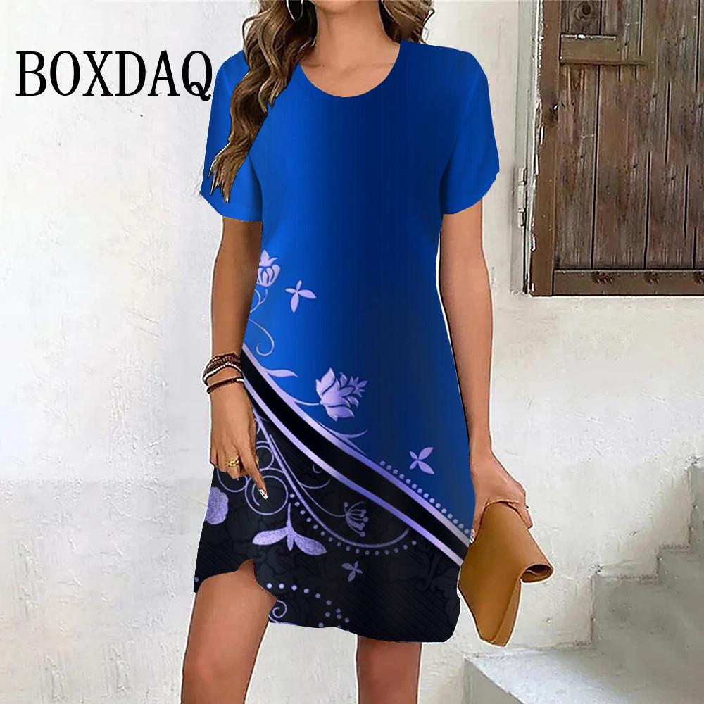 Purple Flowers Print Dresses For Women Summer Vintage Short Sleeve Mini Dress Casual Pullover O-Neck Plus Size Sundress