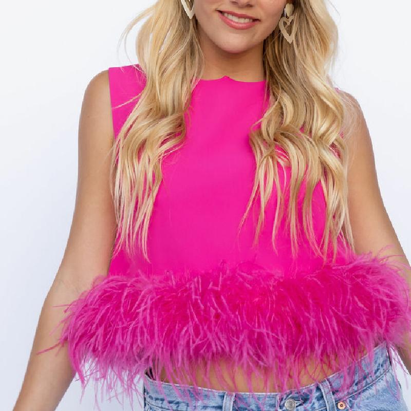 

2023 Women Summer Sleeveless Round Neck Crop Tops Chic A-line Vest 90s Streetwear Elegant Feather Tank Tops S