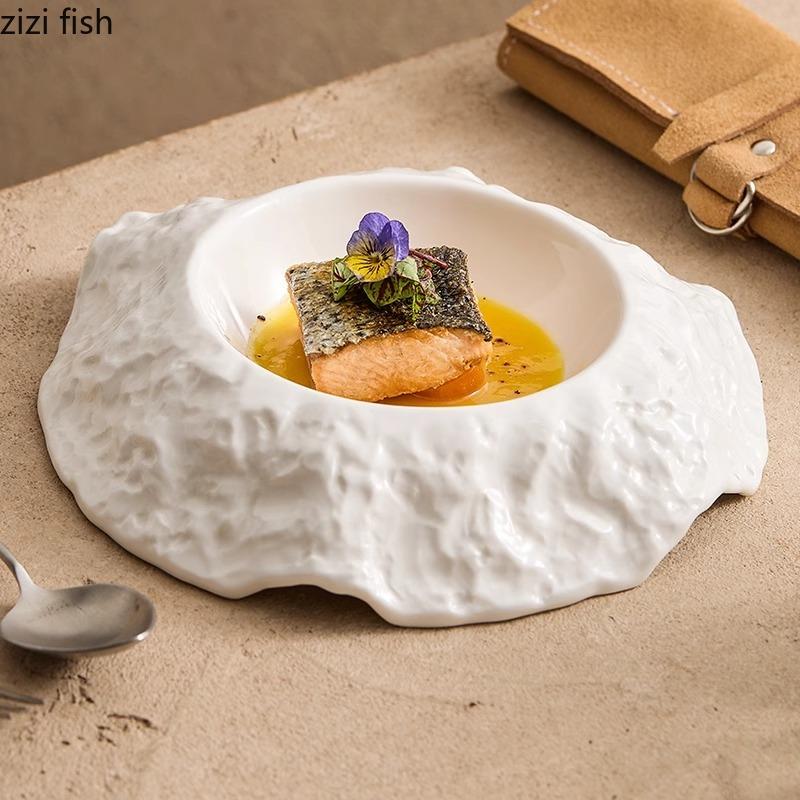Einfarbig Unregelmäßiger Keramikteller Tief Felsmuster Dicker Suppenteller Dessert Snackteller Molekulare Küche Spezialgeschirr