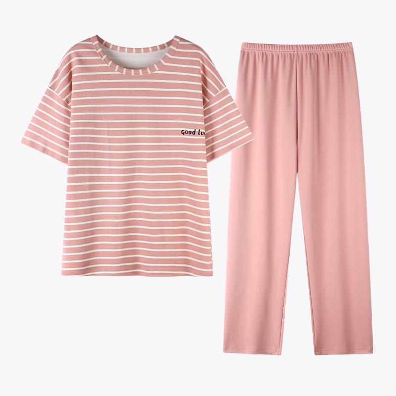 Women's Summer Cotton Pajamas: Short Sleeve Top & Long Pants, Stylish, Casual, Loose Fit, Plus Size, Outdoor-Friendly Loungewear