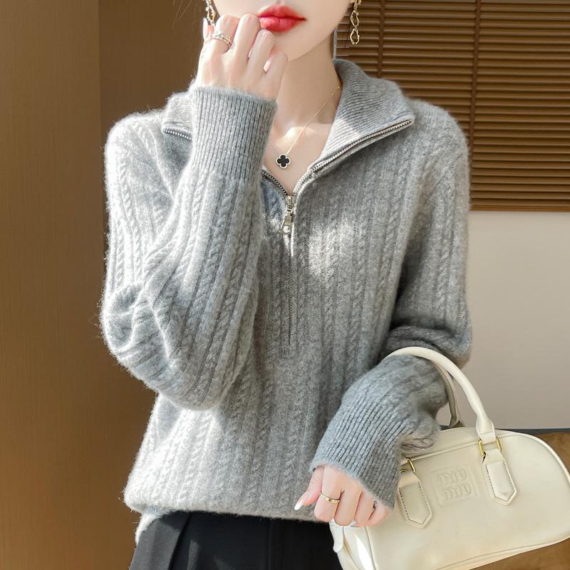 Women's 100% Pure Wool Thickened Half-Zip Cable Knit Cardigan