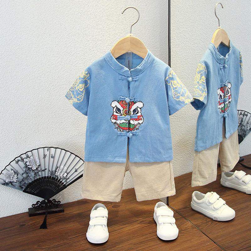 Completo Estivo da Ragazzo a Maniche Corte Stile Cinese per Bambini Hanbok Bello Completo Tang Cotone Lino Sezione Sottile di Abbigliamento Antico
