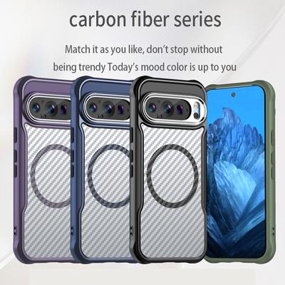 Magnetic Case For Google Pixel 9 XL 8 Pro 8A 5G Carbon Fibre Pattern Transparent Cover