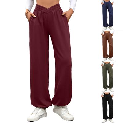 Women's Casual Fashion Elastic Waist Pocket Cuff Loose Solid Color Trousers