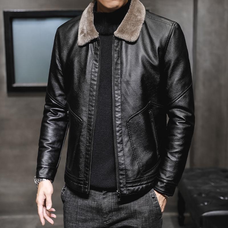

Men s Cross-Border Velvet-Lined Autumn PU Leather Jacket - Versatile, Fashionable, Business Casual with Square Collar for Winter. L чорний