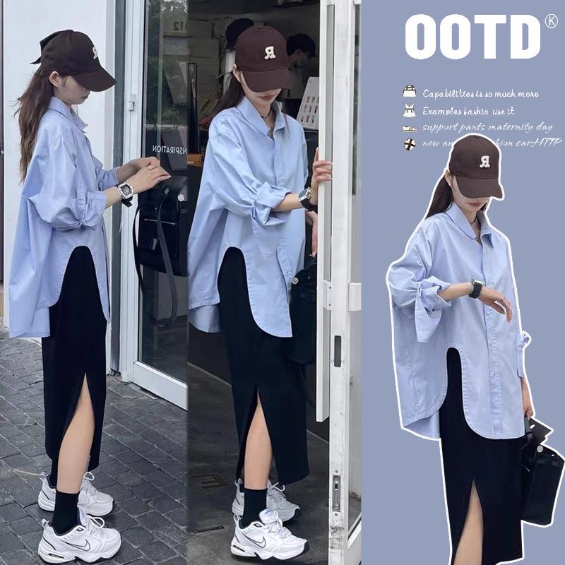 

Spring Maternity Two-Piece Set: Loose Split Dress & Shirt Top Large