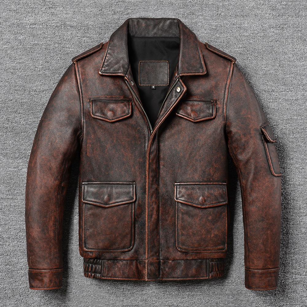 Hunting Leather Jacket Men Vintage Red Brown Black Genuine Cow Men'sLeather Jacket Pockets Real Skin Coat Autumn