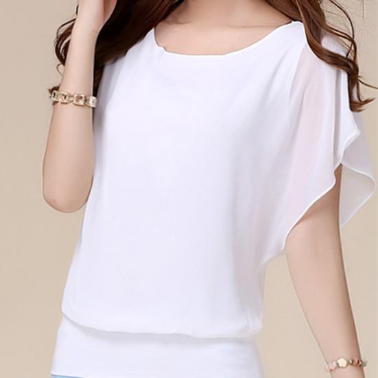 Women Top Solid Color O Neck Pullover Batwing Sleeve Ruffle Summer Top Daily Garment
