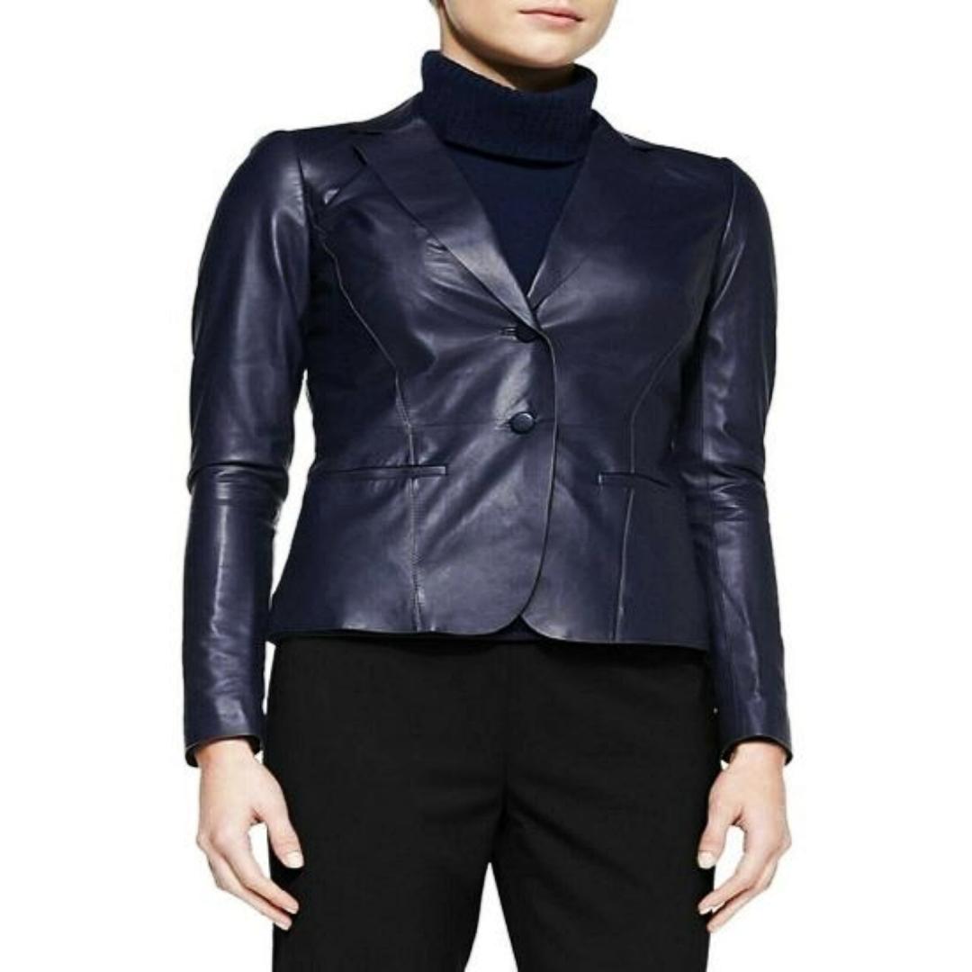 

Noora Women s Navy Blue Lambskin Leather Blazer, Casual Formal Blazer, Slim Fit office Wear Blazer. XXXL