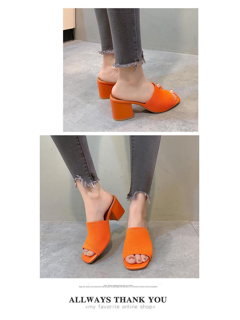 2024 Women's Fashion Chunky Heel Knit Wool Square Toe Sandals & Slippers