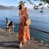 French Retro Orange V-neck Floral Suspender Dress for Women's Summer New Seaside Vacation Super Good-looking Temperament Dress