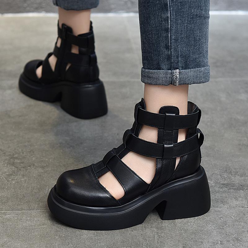 Fashion GKTINOO Women Sandals Summer Zipper Gladiator Boots Thick Soled 100% Genuine Leather Shoes Woman Handmade Platform Sandals