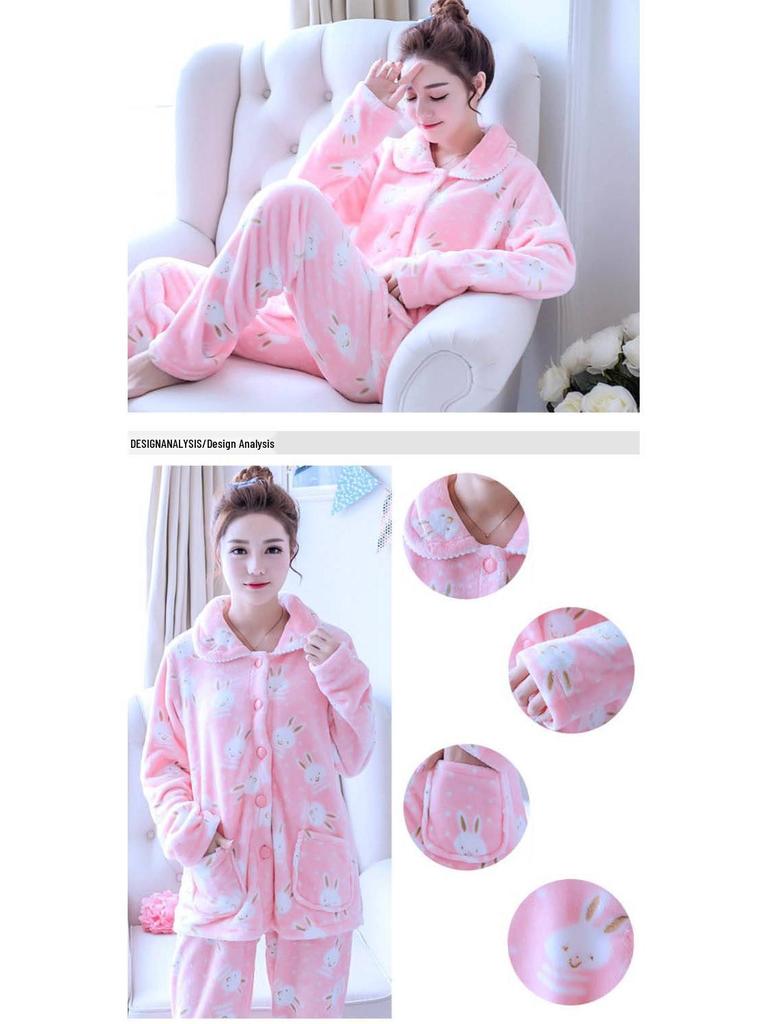 Women's Coral Fleece Pajamas: Warm, Thick Cardigan Lapel Homewear Set for Autumn and Winter