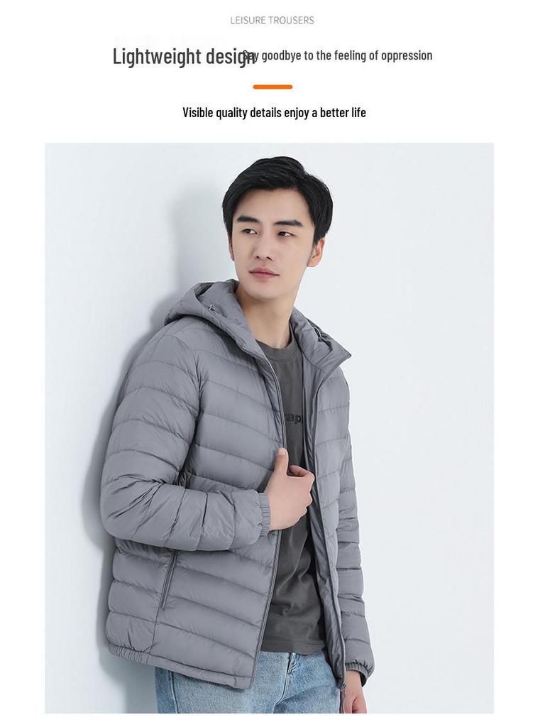 Men's Lightweight Hooded Down Jacket 2025 – Short Style, Stand-Up Collar, Trendy Winter White Duck Down Outerwear