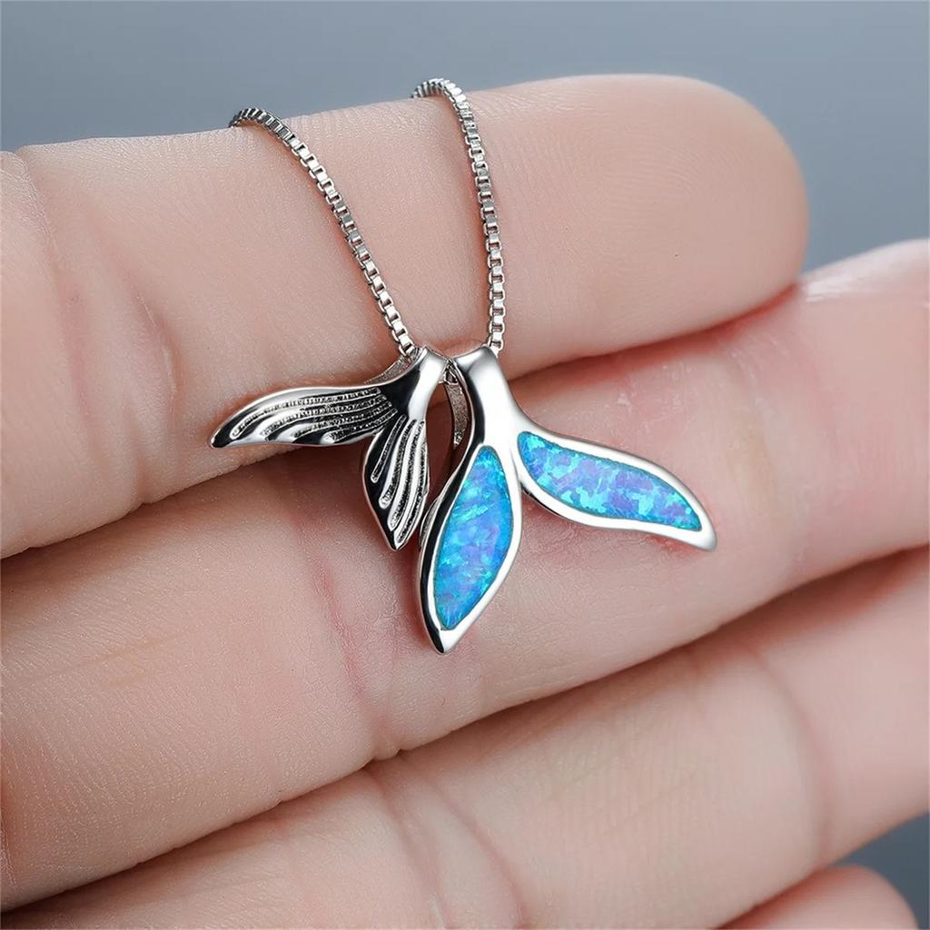 Fashion Cute Sea Whale Tail Pendant Necklace for Women Girl, Fashion Imitation Blue Opal Necklace, Wedding Party  Gift