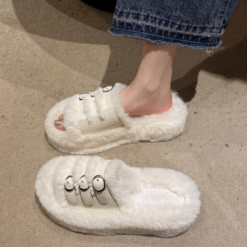 fashion 2024 Chunky Platform Fur Slippers Women Autumn Thick Bottom Furry Outdoor Slippers Woman Short Plush Designer Shoes