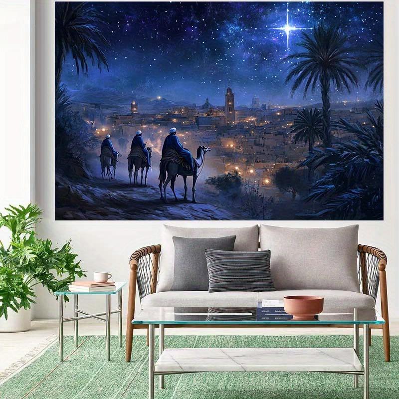 1 Piece of Christmas Manger Background Cloth - Three Sages Starry Night Desert Journey and Palm Tree Landscape - Polyester Fiber