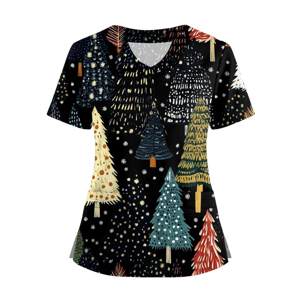 Women's Short Sleeved Christmas Printed V-neck Buttonable Side Slit Top T-shirt