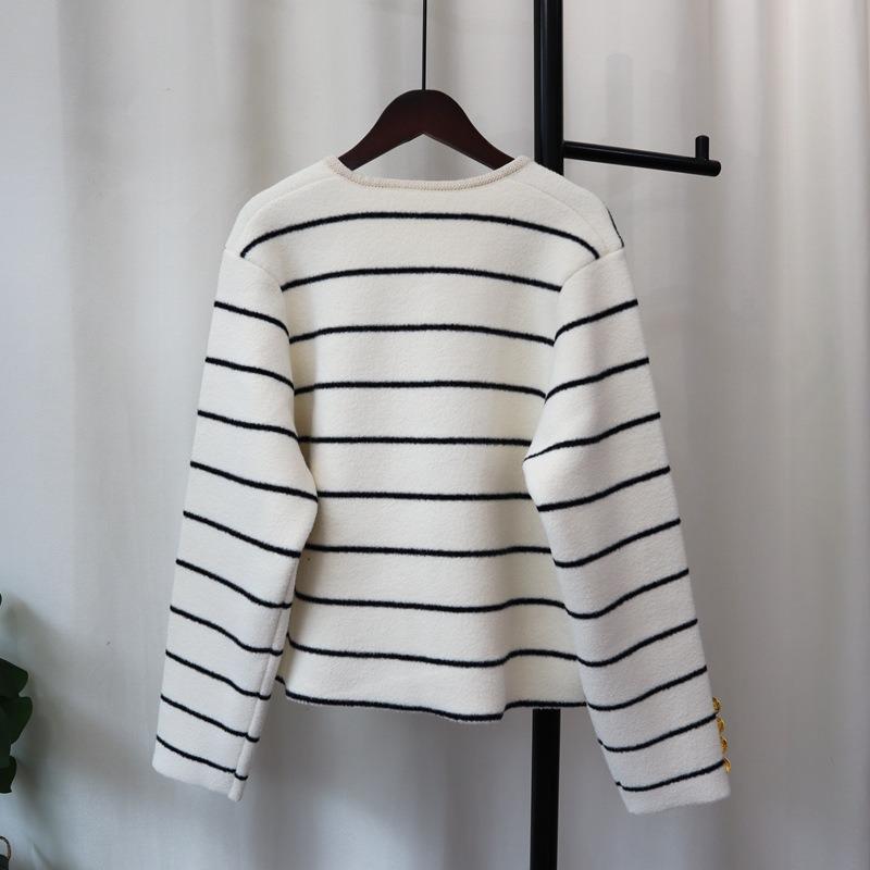 Autumn and winter new striped knitted double-sided tweed jacket temperament loose contrasting color sweater cardigan women