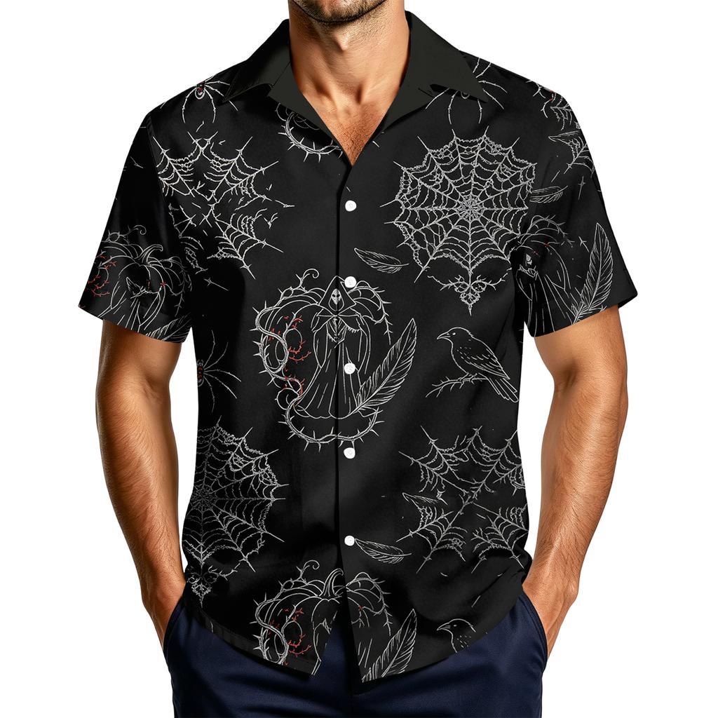 Men's Casual Short Sleeve Halloween Print Button Down Shirt