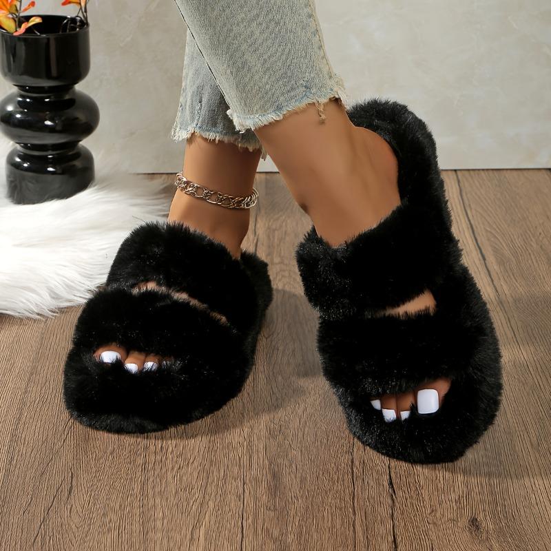Cozy Plush Faux Fur Slippers with Single Strap and Thick Sole for Indoor Warmth