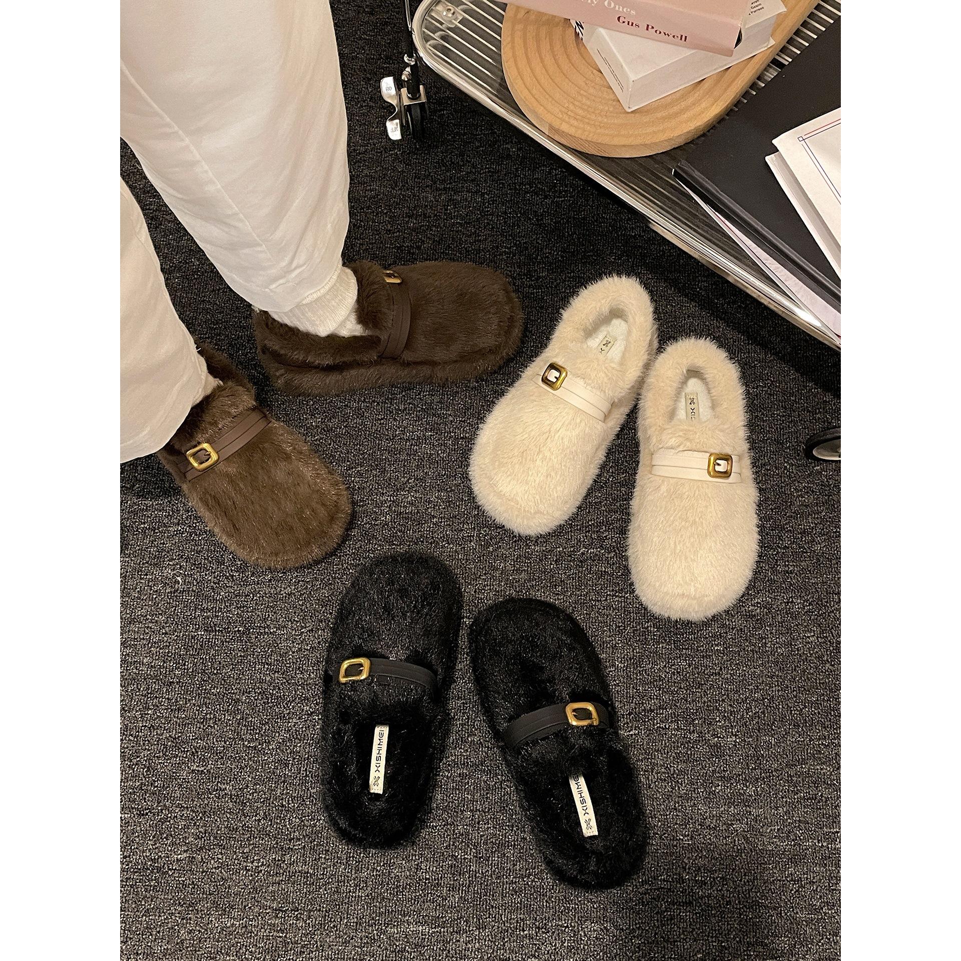 Wang Fan retro French warm thick-soled fluffy shoes 2025 winter wear piled and thickened cotton shoes 35