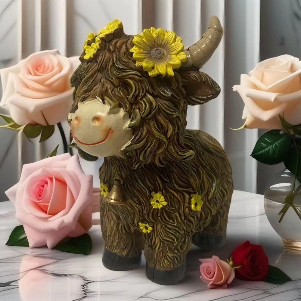 Decorative Highland Cow Statue Resin Animal Sculpture Ornament Home Decor Cow Figurine  Farmhouse