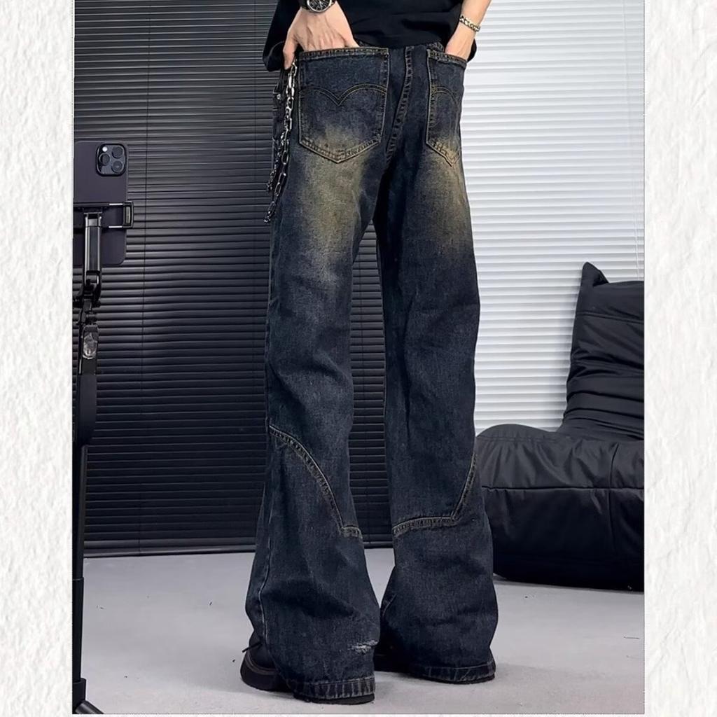 Jeans retrò americani taglia grande lavaggio vecchio chiusura diagonale bottoni pantaloni a zampa uomo e donna design di nicchia strascicanti