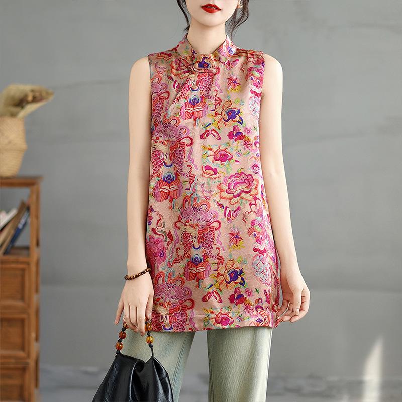 9026 Summer New Chinese Style Sleeveless Jacquard Tencel Vest Top for Women L