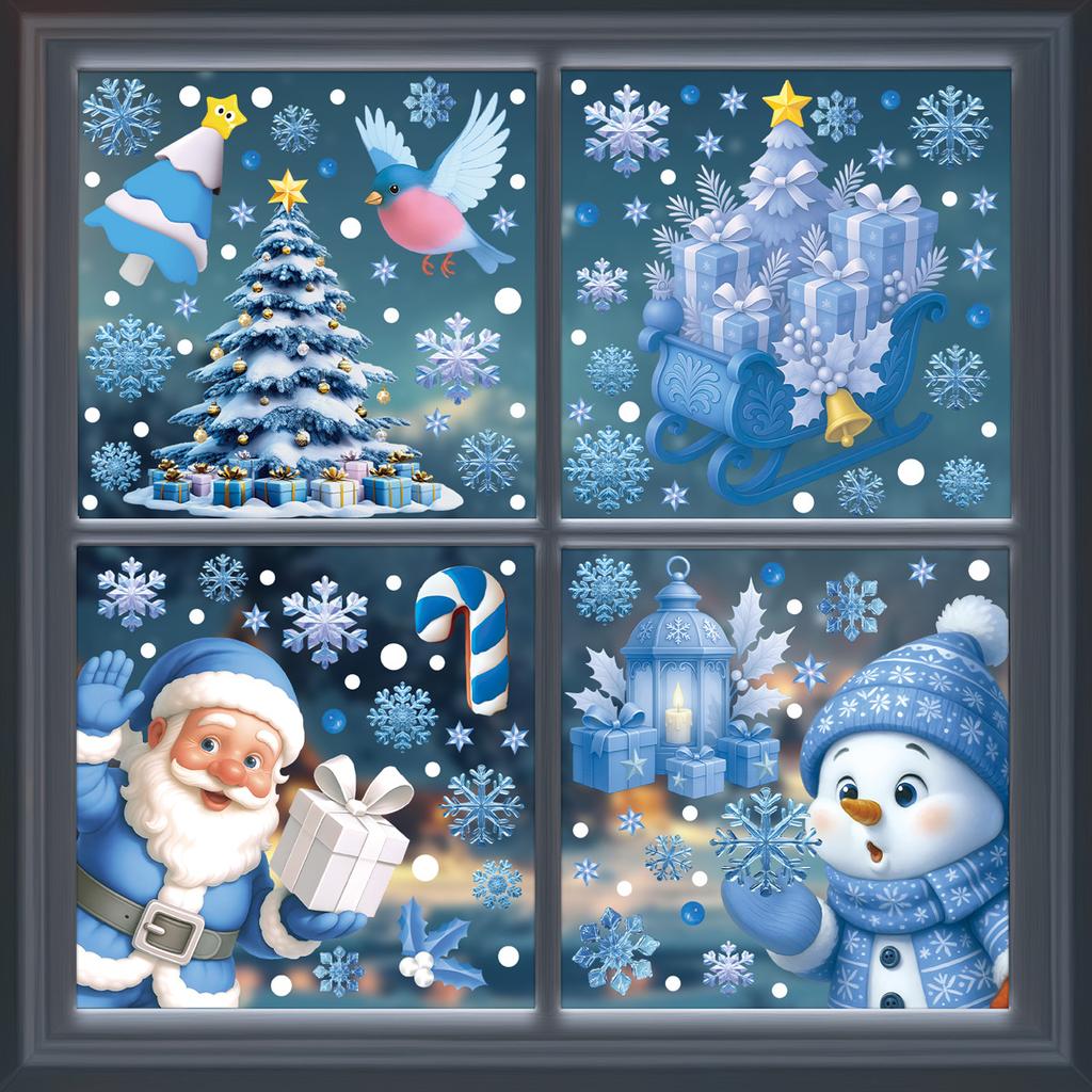 Merry  Christmas Window Stickers Blue Snowman Santa Claus Snowflake Elk Glass Decals  2025  xmas Party Stickers Gifts