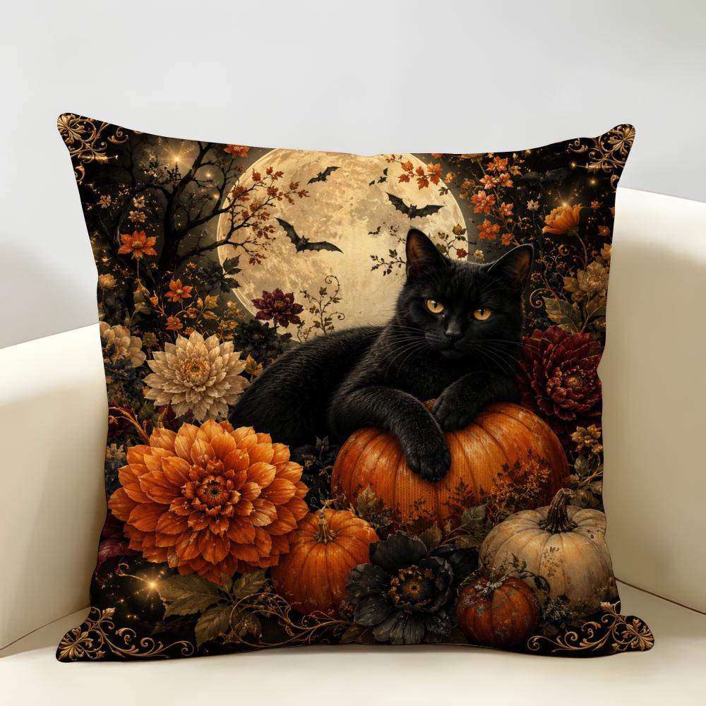Art Black Cat Halloween Cushion Cover Durable Hypoallergenic Organic Linen Pillow Cover Short Size Washable SkinFriendly