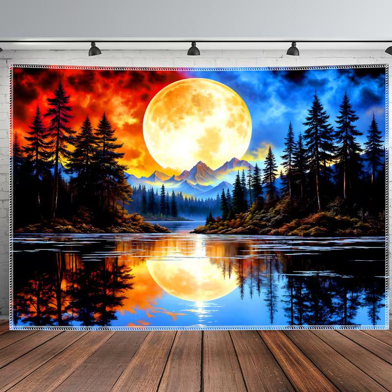 Night Sky Moon View Tapestry Wall Art, Forest Lake Nature Landscape Tapestry for Living Room Bedroom Decor