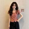 Hong Kong style retro V-neck plaid short-sleeved shirt women's summer new foreign style fashion age-reducing temperament top A
