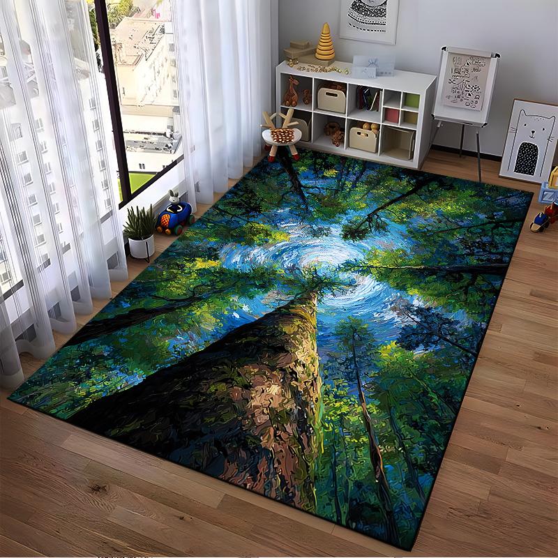 "Abstract Forest Canopy View Art Carpet with Green and Blue Design" Suitable for Use As an Anti-slip for Living Room Bedroom Sofas
